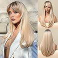 Honygebia Long Blonde Wig with Fringe - Dark Root Blonde Ombre Wigs for Women, Striaght Wavy Synthetic Heat Resistant Hair, Natural Cute Wigs for Halloween/Fancy Dress/Cosplay/Party