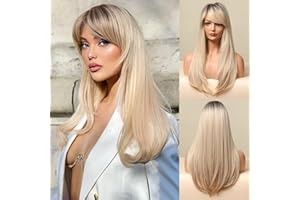 Honygebia Peluca Larga Rubia con Flequillo - Ombre Dark Root Blonde Pelucas para Mujeres, Cabello Sintético Resistente al Calor de Aspecto Natural - Las Mejores Pelucas para Halloween/Fiesta
