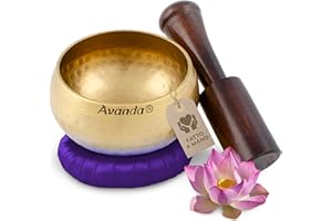 AVANDA Set di ciotole tibetane per yoga, meditazione e rilassamento - Ciotola tibetana martellata Ø 8 cm, mazza in legno di mango e cuscino ad anello viola