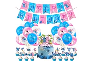EWRGIJ Stitch Birthday Decorations, 36 Pcs Cartoon Decorations, 18 Pcs Balloon 16 Pcs Cupcake Toppers 2 Pcs Happy Birthday Banner, for Boys Girls Birthday Balloons Blue Kids Cartoon Party Decorations Cute