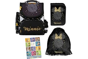 Goldkids - Schulranzen für Jungen und Mädchen, 4er-Set - Schul-Rucksack für Kinder mit Federmäppchen - Schuhbeutel und Hausaufgabenheft - Minnie Maus Motiv - 1-3 Klasse