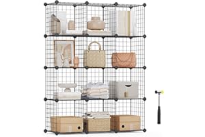 SONGMICS Estantería Modular de 12 Cubos, Armario de Almacenamiento de Alambre de Metal, para Zapatos, Libros, Juguetes, Baño, Salón, Extensible, 31 x 93 x 123 cm, Negro LPI34H