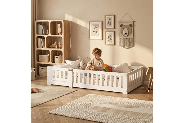QSFCUB Golvsäng för barn 90x200 cm med fallskydd, Montessori-barnsäng med dörr & ribbotten, golvsäng för baby för pojkar och