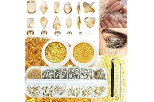ALOCIAM Juego de 3 cajas de diamantes de imitación de champán con lentejuelas finas, 60 piedras preciosas doradas grandes con formas surtidas con piedras redondas S6-S16 de espalda plana, cristales para uñas