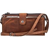 Genuine Leather Women Wallet Bag with Strap, Phone Split, Card and Money Split, 12 Card Slots, Zipper Compartment, Removable