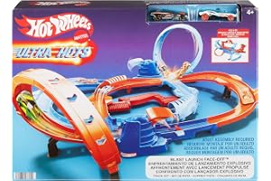 Hot Wheels-banset med leksaksbilar, Ultra Hots Blast Launch Face-Off med två fordon i skala 1:64, tävla en mot en eller utför
