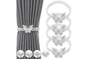 IAGORYUE Curtain Tie backs 4 Pcs Metal TieBacks with Classy Small Pearl Elastic Rope Curtains Hold Holdbacks for Home Office Hotel Window Drape Deco No-Install/Drill/Hooks/Magnetic (Silver Butterfly)