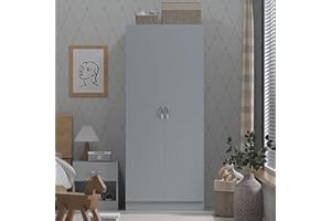 NERA FURNISHINGS Grey 2 Door Wardrobe with Hanging Rail Shelf Modern Bedroom Furniture Storage (Grey)
