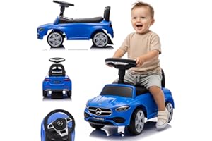 sun baby Jeździk pchacz dla dzieci Mercedes C-Class z przyciskami dźwiękowymi, schowkiem, zabezpieczeniem przed wywróceniem (Niebieski)
