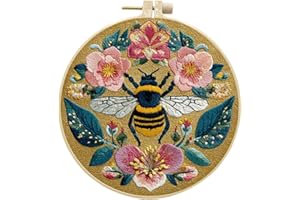 INTEDESIGN Embroidery Kits for Beginners, DIY Embroidery Starter Kit with Flowers Bird Pattern Instruction,Bamboo Hoops, Threads and Needles (Bee)