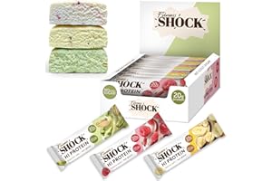 ‎FITNESSHOCK FitnesSHOCK High Protein Bar Mixbox with High 20 g Protein Content Protein Bar without Added Sugar Low Calorie Low Carb High Fibre Varieties: Pistachios, Banana and Raspberry Flavour 12 Pieces 60 g