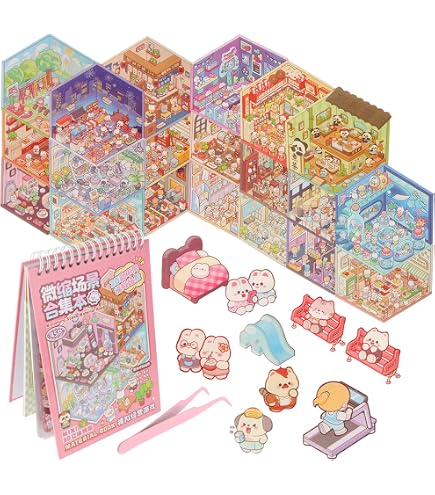 MisFun 20 Set Scene Stickers 3D DIY Amusants House Stickers Sticker Scene Miniature Fun DIY Stacking Scenes Sticker 3D Stickeres Scenes Book Avec 1 Pincette pour Adultes et Enfants (B