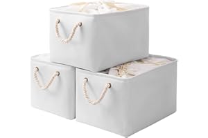 Yawinhe Foldable Storage Baskets 3 Pack, with Drawstring Cover and 2 Handles, Fabric Collapsible Storage Bins, for Shelves, Clothes, White, SNK003WL