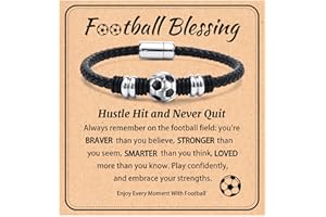 LunarCharm Football Bracelet, black leather/stainless steel charm with blessing cards and gift bags, football gifts for teenagers, teams, son, grandson, brother
