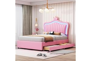 MYBOO Letto Singolo Imbottito Letto per Bambini 90x200, Strutture letto a Corona per Principessa Letti per Ragazze con 2 Cassetti, Testiera LED Regolabile e Rete a Doghe, PU, Senza Materasso, Rosa