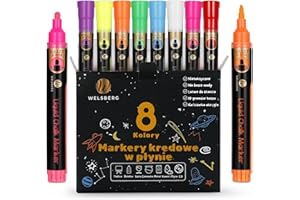 Welsberg Płynne markery kredowe, 8 pisaki kredowe sucho- i mokrościeralne do tablic, okien, szkła, wymazywalny tusz, 5 mm dwustronna końcówka, tusz jumbo - do szkoły, biura, domu