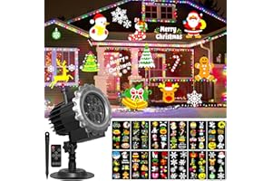 OUSFOT Proiettore Natale Esterno, Proiettori per Esterni 12 Diapositive, con Funzioni di Temporizzazione e Controllo Remoto, Adatto per Halloween, Natale, Feste