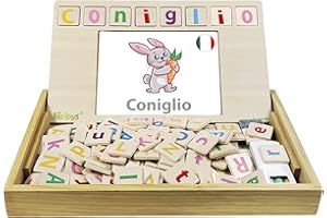 Lexibook, Bio Toys, Scuola di parole, bilingue italiano/inglese, gioco in legno, 50 carte parola, alfabeto, gioco educativo, EDU100i5