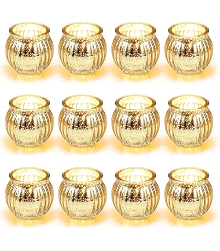 Nuptio 12 Stuks Ronde Kwik Votiefkaarshouder, Kwikglazen Theelichtkandelaars Met Een Gespikkelde Gouden Afwerking, Theelichthouder voor Uw Bruiloft Kerst Halloween Eetkamer Woondecoraties
