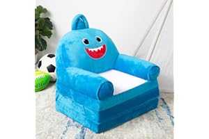 BYBYME Kids Fold Out Chair Bed - Foldable Toddler Chair Lounger for 1-3 Year Old Children - Cute Folding Sofa Bed Couch Armchair for Playroom Bedroom (Sharks)
