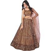 Zeel Clothing Women's Threads Sequins Embroidered Soft Net Semi-stitched Lehenga Choli Set With Dupatta (5110-Brown-Wedding-S