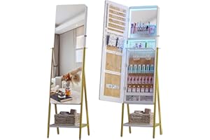 Gurexl LED Jewelry Cabinet Standing Mirror,3 Color Dimmable 47.2'' Full Length Mirror Large Capacity Jewelry Organizer Armoire,Lockable Floor Standing Mirror All in One for Bedroom, Cloakroom(White)