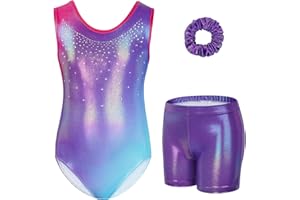 Gogokids, Completo da ginnastica bambina composto da tre pezzi, body senza maniche, pantaloncini e fascia per capelli, tuta danza classica scintillante, con design a colori sfumati, dai 3 ai 12 anni