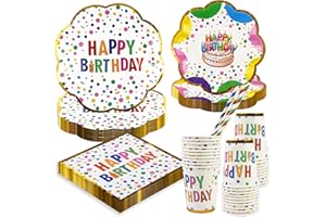 BOKFJBP 50Pack Happy Birthday Party Tableware Set-Colorful Mini Polka Dot Gold Rainbow 9in&7in Paper Plates Napkins Cups Straws for Kid Adult Baby Shower Party Decorations Serve for 10 Guests
