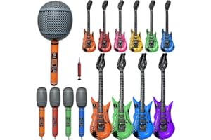 ALGUIRNEX 16-Piece Inflatable Guitars Microphones Set with a Small Pump, Jumbo Inflatable Instruments Photo Props, Birthday, Festival, Neon, Disco Party Decorations for Kids & Adults