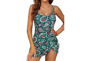 SHEKINI Women Swimdress Plus Size Scoop Neck Skirted Swimwear Padded Slimming Swimming Costume with Shorts