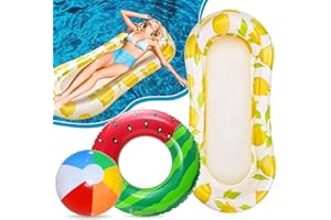Edmirfun 3PCS Inflatable Pool Float Set, Swimming Pool Float Hammock, Fruit Swim Tubes, Water Hammock with Fruit Swimming Ring, Beach Ball, Adults Kids Summer Gift for Pool, Lake, Beach, Parties