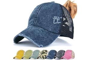 BAYNETIN Womens Ponytail Hat, Criss Cross Mesh Baseball Cap, Unisex Adjustable Washed Distressed High Messy Bun Ponycap Trucker Hats