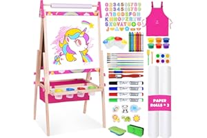Joyooss Art Easel for Kids, Adjustable Standing Wooden Toddler Kids Easel Double Sided Drawing Board Whiteboard & Chalkboard Dry Easel Board, Art Easel for Kids Age 4-8 9-12 Painting Set