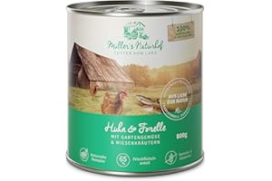 Müllers Naturhof - Huhn und Forelle - 6 x 800 g - Nassfutter für alle Hunderassen - getreidefrei und glutenfrei - mit Gartengemüse und Wiesenkräutern - naturnahe Rezeptur mit 65% Fleisch und Fisch