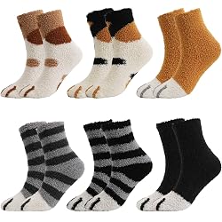 5 Paires Chaussettes Moelleuses JUPSK - Polaire Corail - Taille 35-40 - Design Patte De Chat