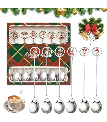 Set di 6 cucchiai di Natale in acciaio inox, cucchiaini da caffè, piccoli cucchiai da dessert per caffè, tè, dessert, gelato, feste, decorazioni da tavolo (oro pendant