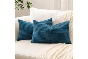 Sungeek 2er Set Cord Kissenbezüge, Kreuz Streifen Muster Kordsamt Kissenbezug Sofakissen Dekokissen Patchwork Design Deko Zierkissenbezüge Kissenhülle für Wohnzimmer (40x60cm, Staubblau)
