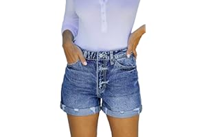 Bichingda Denim Shorts for Women Ripped Mid Rise Stretchy Folded Hem Short Jeans Casual Denim Shorts Hem Hot Short Jeans
