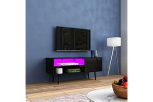 T AUNTY STORE LED TV Unit with 1 Door 2 Open Shelves Modern Gloss Front TV Stand Unit for Living Room Cabinet Media Stand Furntiure RGB Light Black 110cm