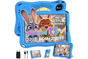 ‎SUAAT SUAAT Android 15 Kinder Tablet, 9 Zoll HD Display Kids Tablet, 12 + 32 GB(2TB TF), WiFi 5G, iWAWA, Widevine L1, GMS, 5MP+8MP, OTG,AI, Cast, 5000mAh, Elternkontrolle, mit Eva Schutzhülle –Blau