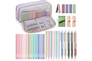 COZCLAM 32pcs Aesthetic Stationery Supplies with Purple Pen Case, 12 Pastel Highlighters, 6 Colour Pens, 5 Black Pens, 5 Magnet Bookmark and 3 Sticky Notes Stationery Set for Students School Supplies