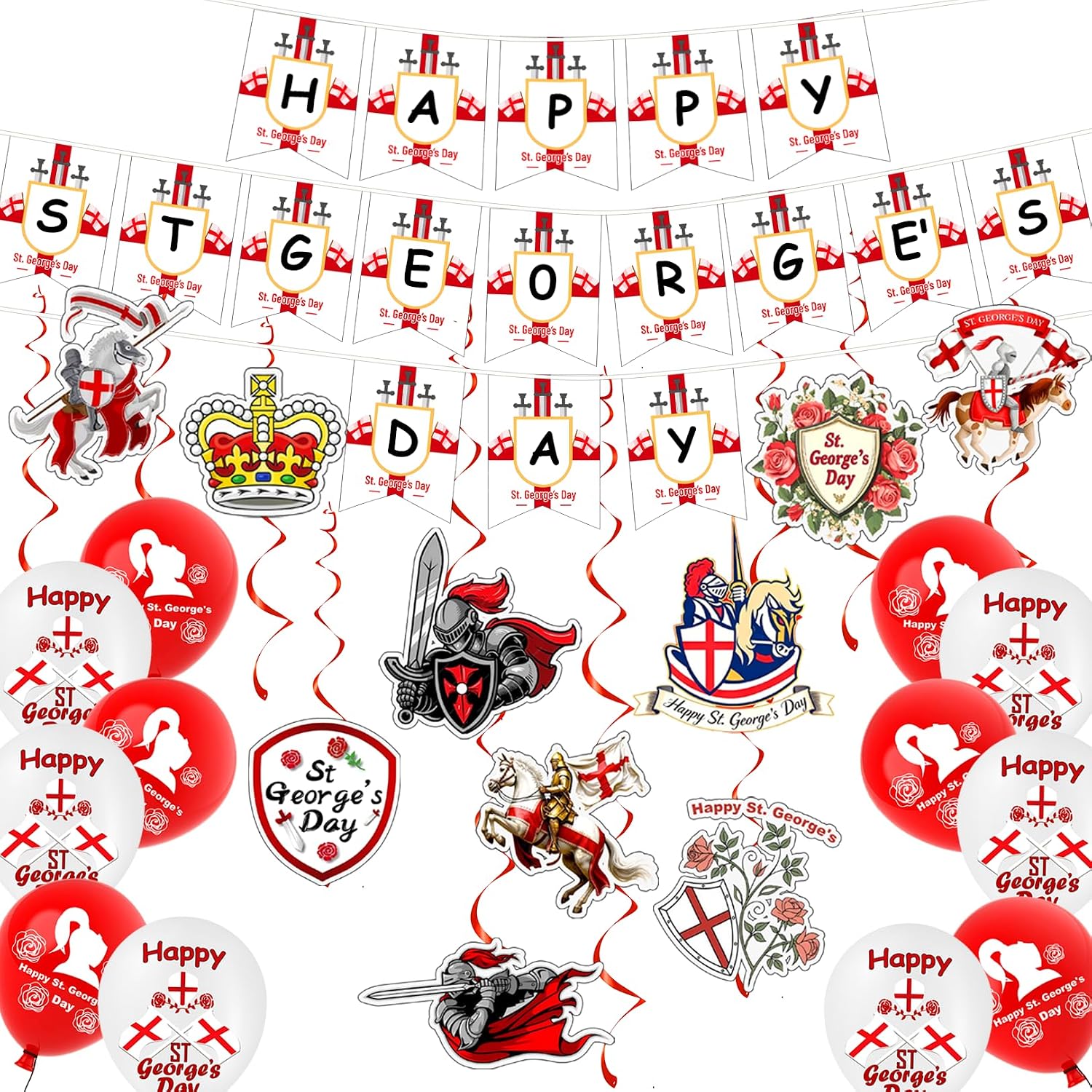 England St Georges Day Decorations Kit Happy St Georges Day Banner Swirls Balloons Hanging Decorations Indoor Outdoor Party Celebration Accessories