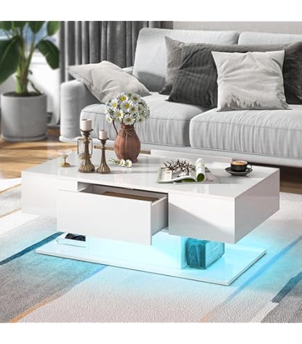 OFCASA 2 Drawers Coffee Table For Living Room High Gloss Coffee Table With Black Glass Top Wood Storage Cabinet Table For Living Room Home Office, Black