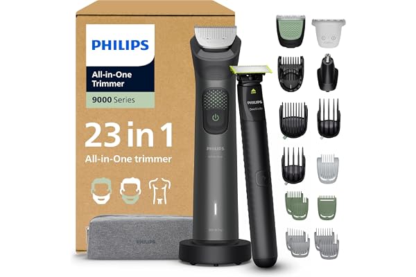 Philips Multigroom série 9000 Tondeuse tout-en-un 23 accessoires + rasoir OneBlade pour hommes – ensemble tondeuse/rasoir pour barbe, cheveux et corps, 27 hauteurs de coupe (0,2-20 mm), MG9561/30