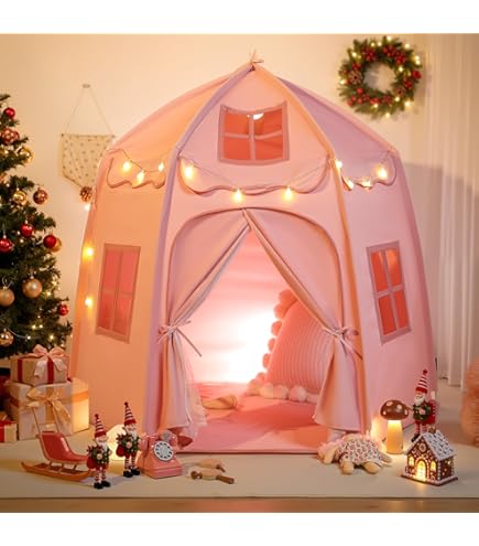 Izabell Tipi Tente Enfants 120x120 Cm Gris/Rose - Coton Naturel, Tapis 4 Cm Et Oreillers