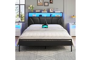 Brinlawb Cadre de Lit 140 x 190 avec Sommier en Métal, Lit 2 Personnes avec Lumières LED et Multiprise (2 Prises AC, 2 Ports USB) lit Double 140x190 cm avec Rangement, Facile à Assembler, Noir PU