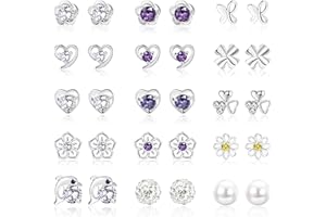 CASSIECA 15-20 Pares Pendientes de Plata de Ley 925 para Mujer y Niña - Circonita Cúbica, Forma de Flor, Mariposa, Corazón, Perla - Regalo