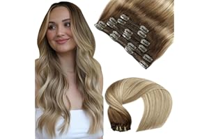 ‎VINBAO VINBAO Clip in Extensions Echthaar Blond Haarverlängerung Echthaar Braun bis Hellbraun mit Mittelblond Haarverlängerung Echthaar Clip in Glatt 22 Zoll 6Stück 120g (#3/8/22,55cm)