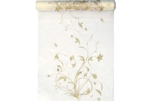PARTYDECO Bieżnik stołowy z organzy, 9 m x 36 cm, kremowo-złote, kwiatowy, półprzezroczysty, na wesele, Boże Narodzenie