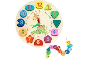 Yesaler Lernuhren Holz Lernuhr Uhr-Spielzeug mit Zahlen Formen und Seil Pädagogisch für Kinder ab 3 Jahren